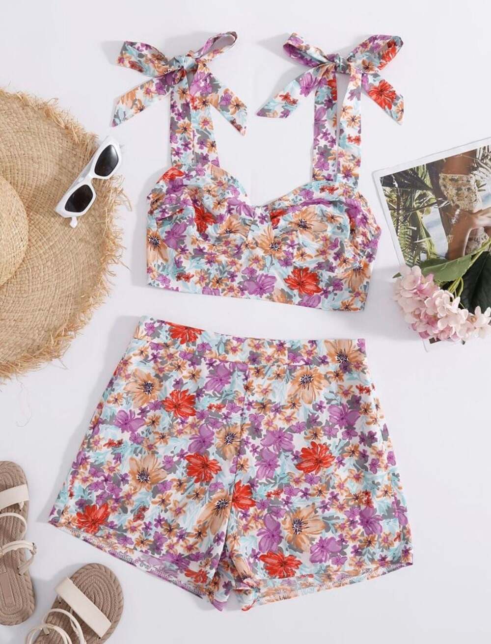 SHEIN Floral Print Tie Shoulder Crop Top and Shorts Set Size S